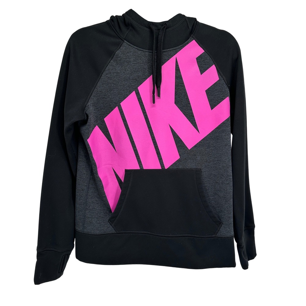 Nike Women M Therma-FIT Hoodie Black Gray Pink Spellout Fleece Pullover